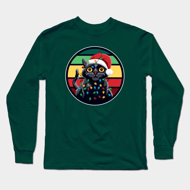 Cute Black Cat Tangled in Christmas Lights - Retro Style T-Shirt Long Sleeve T-Shirt by RYSHU 